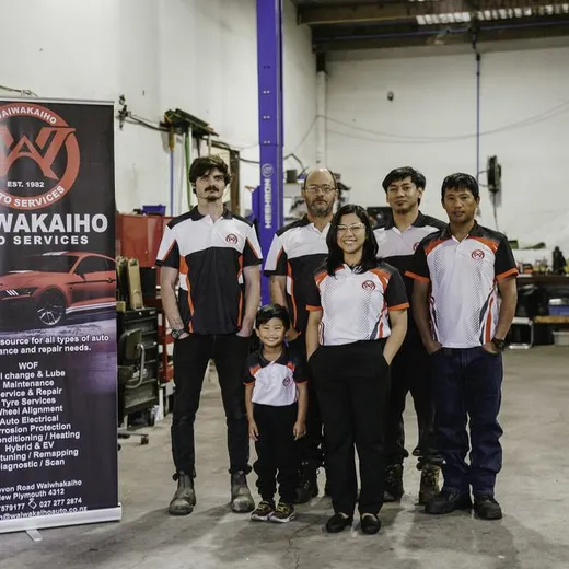 Waiwakaiho Auto Services team inside the New Plymouth workshop